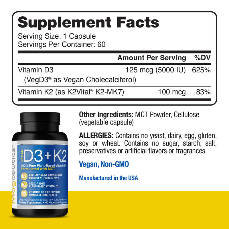 Vitamin D3 K2 with MCT, 5000 IU Vegan D3 & 100 mcg MK7 K2, Support Strong Bones and Immune Health - 60 Capsules (60 Days Supply) 60 Count (Pack of 1)