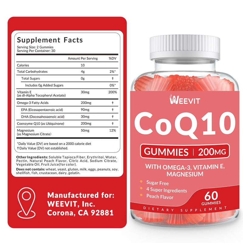 CoQ10 Gummies 200mg, Coenzyme Q10 with Omega-3, Magnesium for Adults | Co Q10 Supplement for Energy, Sugar Free, Vegan 60 Count (Pack of 1)