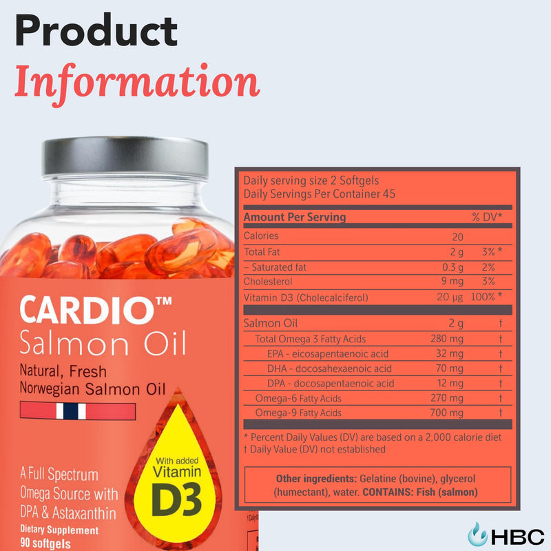Cardio Omega 3 Fish Oil & Vitamin D3-1000mg, Norwegian Salmon Oil with EPA, DHA, DPA & Astaxanthin, No Fishy Aftertaste, Fatty Acids Supplement - 90 Capsules Salmon Oil + D3 1 Count (Pack of 1)