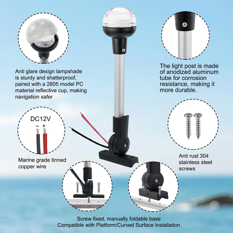 Bimini Top Light for Pontoon Boat,Anchor & Stern Lights for Boats Led,Folding Base w/180° Adjustable Mount for Platform & Round Pipe| USCG 2NM | 12V DC 12 Inches - BeesActive Australia