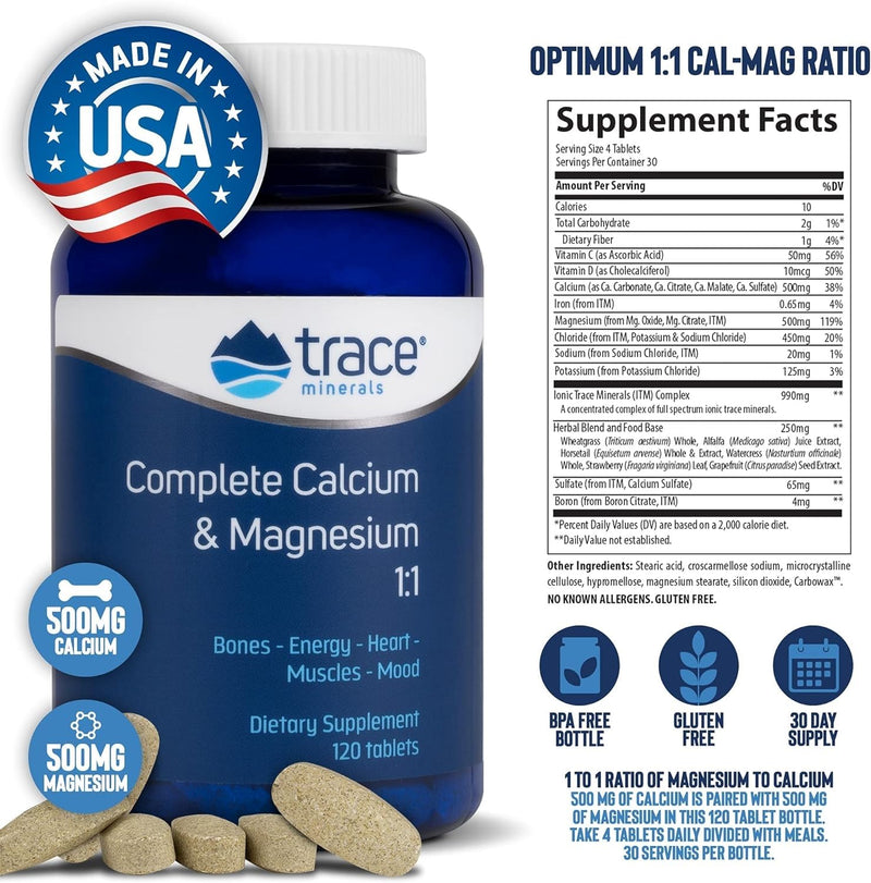 Trace Minerals Cal Mag Supplement, 120 Tablets | Ionic trace minerals blend, Calcium citrate and malate forms, Vitamins C and D, High bioavailability, 2 tablets daily