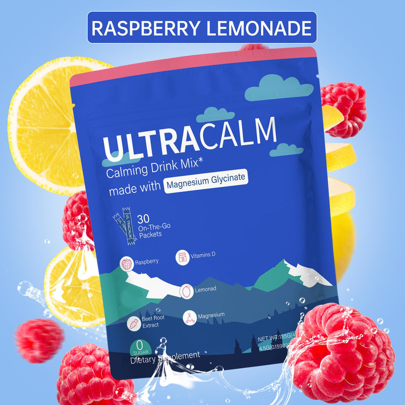 UltraCalm Super Calm Cortisol Drink, Magnesium Glycinate Powder with Ashwagandha L-Theanine Vitamin D3, Calm Magnesium Powder for Stress Relief Sleep Support, Raspberry Lemonade (30 Servings)