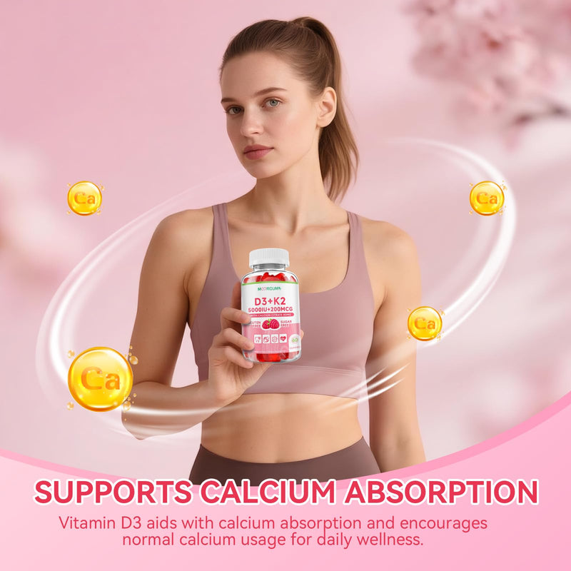 Vitamin D3 K2 Gummies with 5000IU D3, 200mcg K2 (MK-4 & MK-7 Blend), 80mg Calcium, Supports Calcium Absorption, Bone Health & Immune Support, Raspberry Flavor, 60 Count