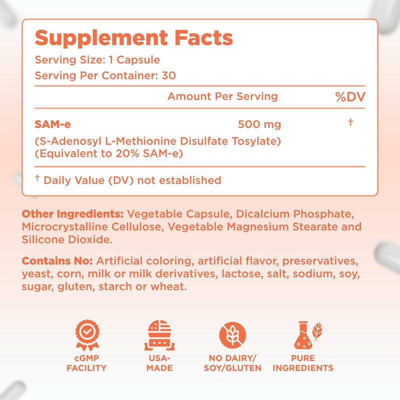Clear Formulas Bioactive SAM-e 500mg - High Strength SAM-e Supplement with Biologically Active S,S Form for Liver and Mood Support - Vegan Non-GMO Preservative Free - Made in the US (30 Servings) 30 Count (Pack of 1)