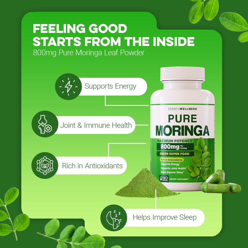 Moringa Capsules 800mg – Pure Moringa Powder Capsules Superfood for Energy, Immunity, Skin, Joint, Gut Health — Daily Nutrition & Wellness Supplement — Vegan, Non-GMO, USA Made (45-Day Supply)