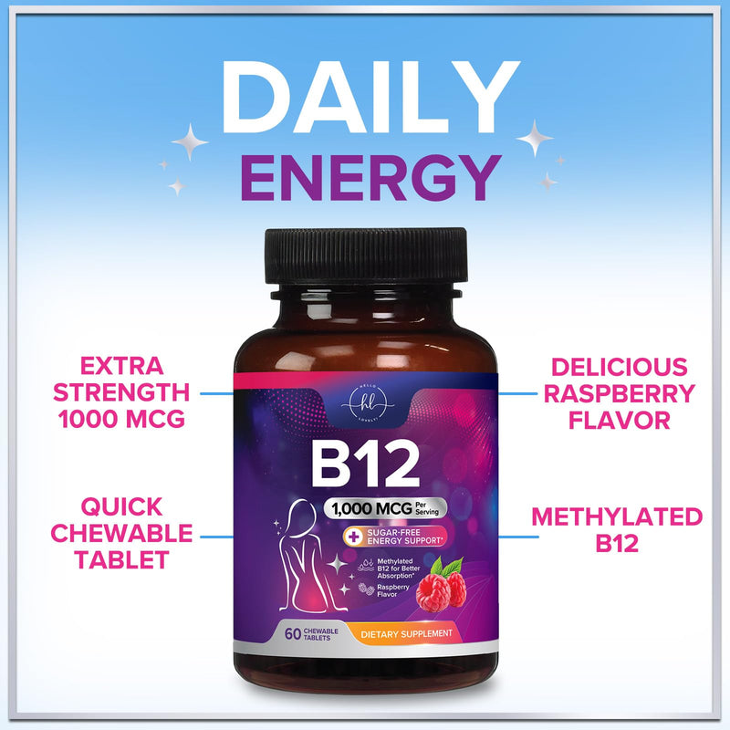 Vitamin B12 1000 mcg per Serving Chewables - B12 Complex with Heart & Nerve Energy Health Support - Vitamin B-12 Complex with Immune Health Support - Fast Dissolve, Bottled in USA - 60 Chewables 60 Count (Pack of 1)