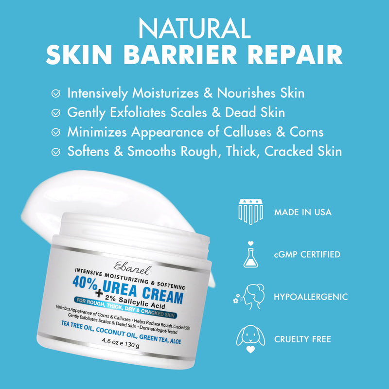 Ebanel Urea Cream 40% plus Salicylic Acid 2%, Foot Cream for Dry Cracked Heels Feet Knees Elbows Hands, Foot Dead Skin Cuticle Callus Remover Toenail Softener, Keratolytic Skin Barrier Repair 4.6 Ounce (Pack of 1) - BeesActive Australia