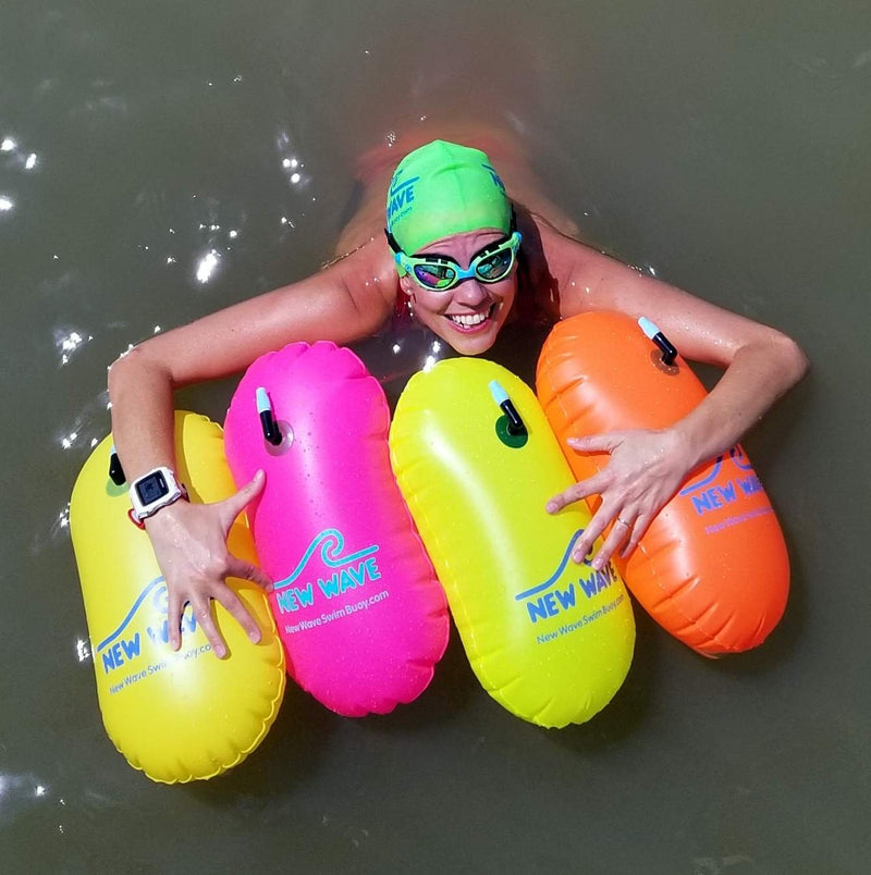 New Wave Swim Bubble for Open Water Swimmers and Triathletes - Be Bright, Be Seen & Be Safer with New Wave While Swimming Outdoors with This Safety Swim Buoy Tow Float Orange Bubble