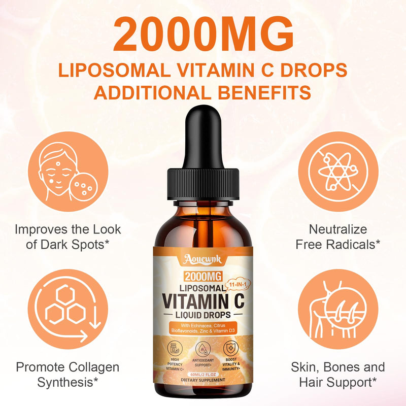 2 Packs Liquid Vitamin C Drops 2000mg, 11-in-1 Liposomal Vitamin C Complex | Support Antioxidant, Skin & Immunity| for Women & Men| with Rose Hips, Echinacea, Citrus Bioflavonoids, Zinc & Vitamin D3 2 Fl Oz (Pack of 2)