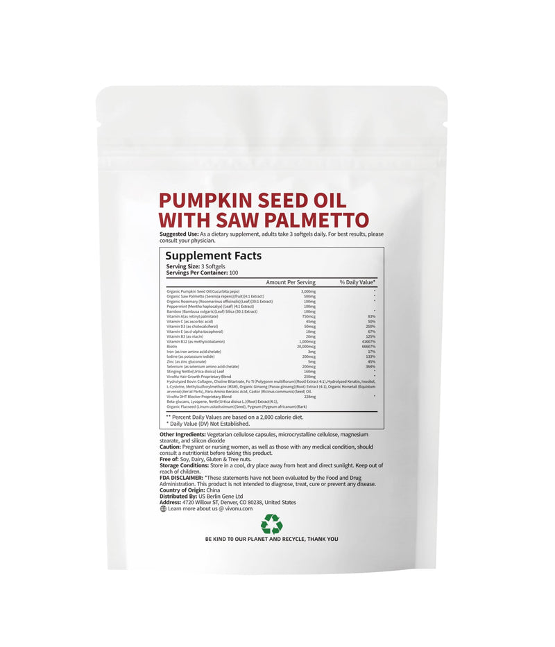 VivoNu Pumpkin Seed Oil with Saw Palmetto Capsules, 300 Count | 33 in 1 Vitamin C D3 B12 E A, Castor, Zinc, Biotin, Iron, Peppermint | Hair Growth & DHT Blocker for Women Men 300count/1bags