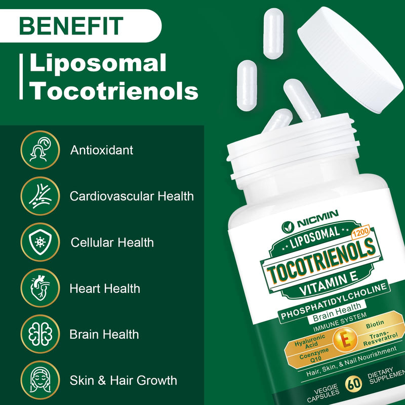 1200MG Vitamin E Tocotrienols Liposomal Tocotrienols Supplement with Phosphatidylcholine, 95% Delta-tocotrienols and 5% Gamma-tocotrienols, High Absorption for Heart, Brain Function 180 Capsules