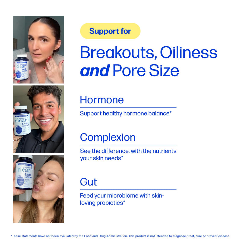 Clear Skin Supplement Acne Support, Zinc DIM, Probiotics, Doctor-Formulated | 3-in-1 Hormone, Gut & Complexion Support, Triple Action Hyaluronic Acid & Vitamins for Skin Balance and Glow, 60 Capsules 60 Count (Pack of 1)