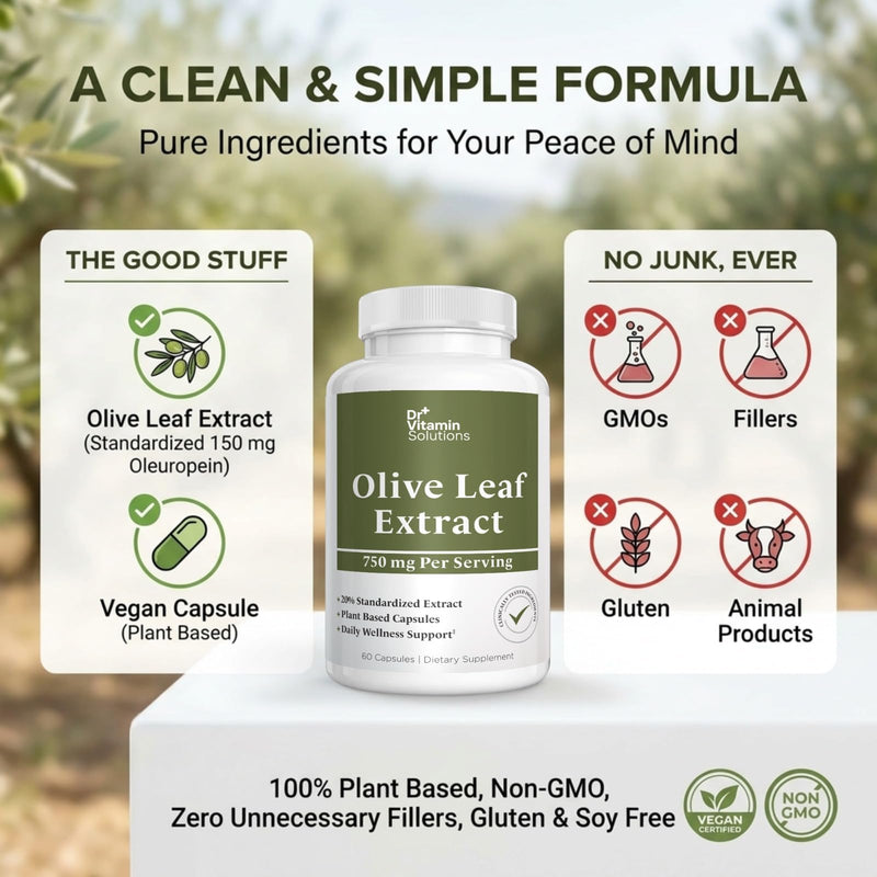 Olive Leaf Extract Capsules 750mg - 150mg Oleuropein, 60 Capsules 2 Month | 20% Standardized Herbal Supplement, Immune and Antioxidant Support, Non-GMO, Vegan, Gluten Free, Soy Free, No Fillers