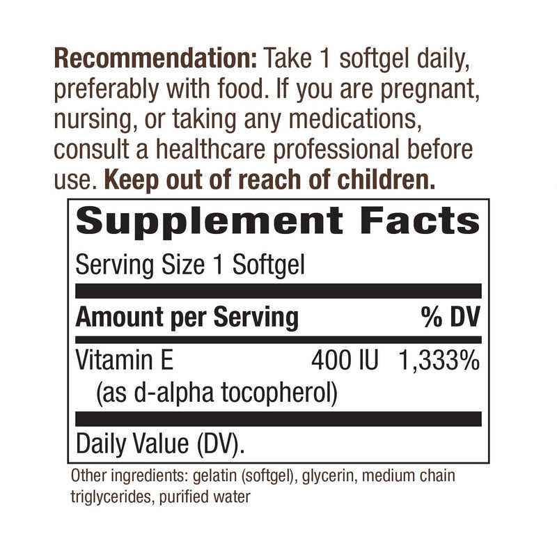 Nature’s Way Vitamin E D-Alpha Tocopherol - 268 mg per serving - Antioxidant – Essential Nutrient for Heart Muscle Cells* - Gluten Free - 100 Softgels 100 Count (Pack of 1) - BeesActive Australia