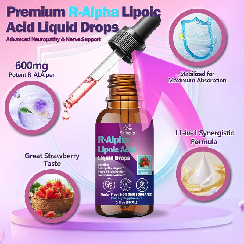 2 Pack R Alpha Lipoic Acid 600mg Liquid Drops for Neuropathy, Advanced 11-in-1 Stabilized R-ALA Supplement w. Benfotiamine Acetyl L-Carnitine Vitamin C E for Antioxidant Nerve Brain Energy Health Strawberry 2 Fl Oz (Pack of 2)