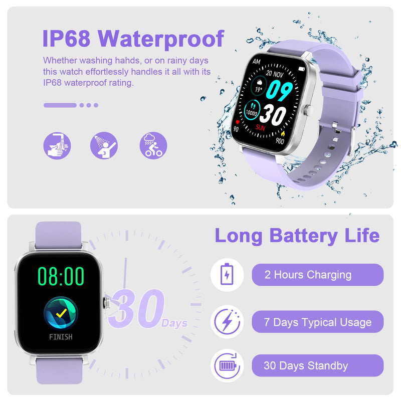 Smart Watch for Men Women Compatible with iPhone Samsung Android Phone 1.69 inch Full Touch Screen IP68 Waterproof Bluetooh Fitness Tracker Heart Rate/Sleep Monitor (Purple) purple