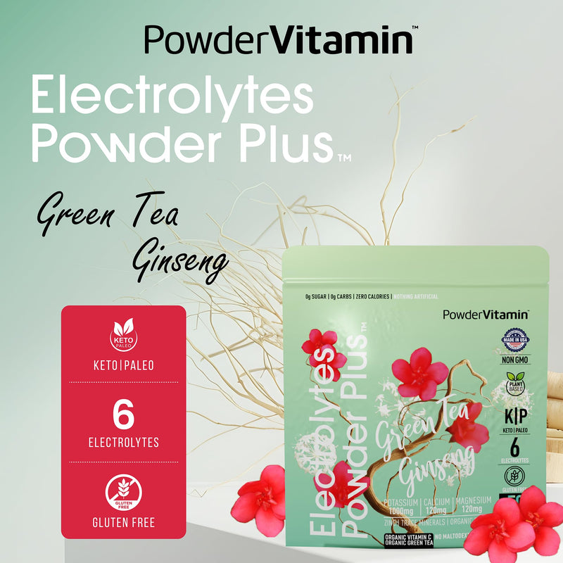 PowderVitamin Electrolytes Powder Plus - 50 Servings - Green Tea Ginseng | Sugar-Free Hydration Powder, 1000mg Potassium, 120mg Magnesium, 120 mg Calcium, Himalayan Salt, Vitamin C & Zinc, USA Made