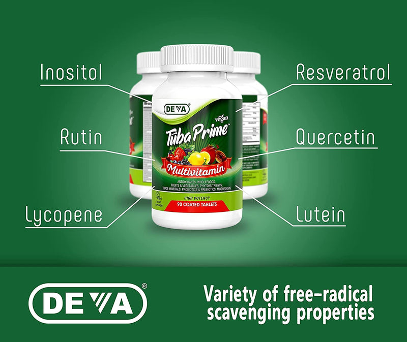 DEVA Tuba Prime Vegan Multivitamin High-Potency Vitamin and Mineral Dietary Supplement Antioxidants, Fruit and Vegetable Blend, Super Mushrooms, Probiotics, Prebiotics, Seeds, Herbs - 90 Tabs, 2-Pack 90 Count (Pack of 2)