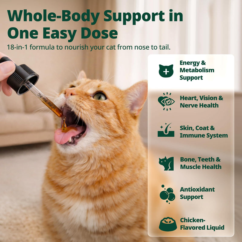 18-in-1 Liquid Multivitamin, Taurine & Lysine for Cats, Cat Liquid Vitamin, Senior & Picky Cats, Supports Immune, Skin & Coat, Energy & Overall Wellness, Chicken Flavor, 2 fl oz