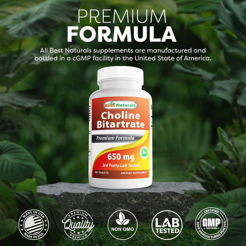 Best Naturals Choline Bitartrate 650 mg (Non-GMO) for Healthy Cognitive Brain Function 180 Tablets