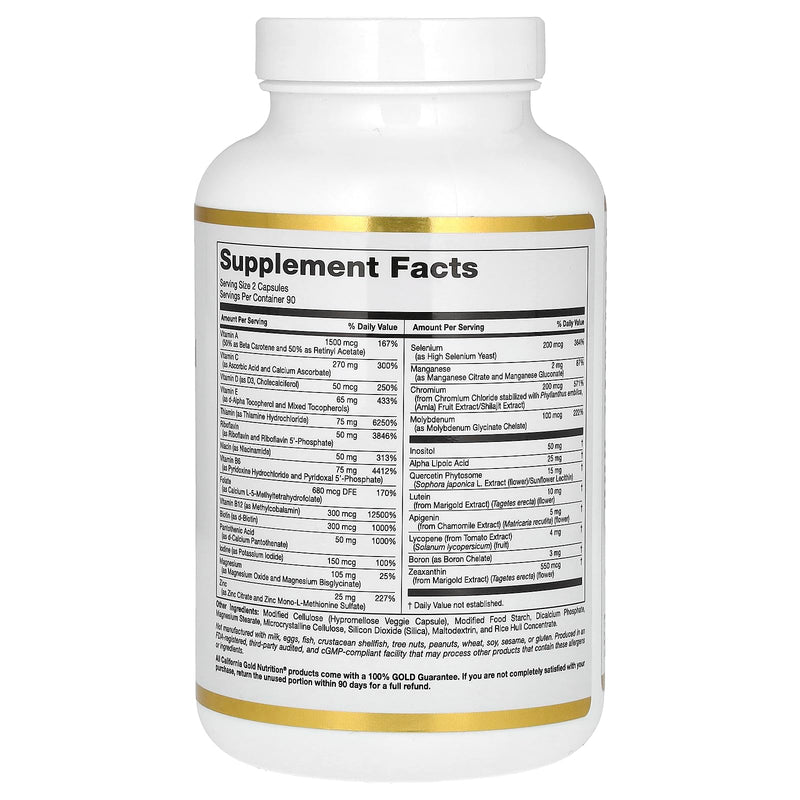California Gold Nutrition Multivitamin and Mineral with Methyl B12, Vitamin C, L-MethylFolate and Bio-Quercetin, Two-A-Day, 180 Veggie Capsules