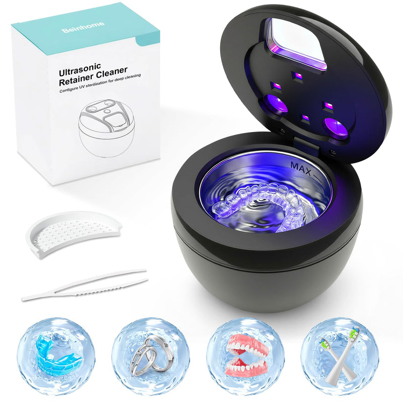 Dental Ultrasonic Retainer Cleaner Machine - Dental Cleaning Pod for Denture, Mouth Guard, Aligner, Night Guard, Braces, Toothbrush Heads, Jewelry, 45kHz Sonic Cleaner with Digital Timer & 200ML Black
