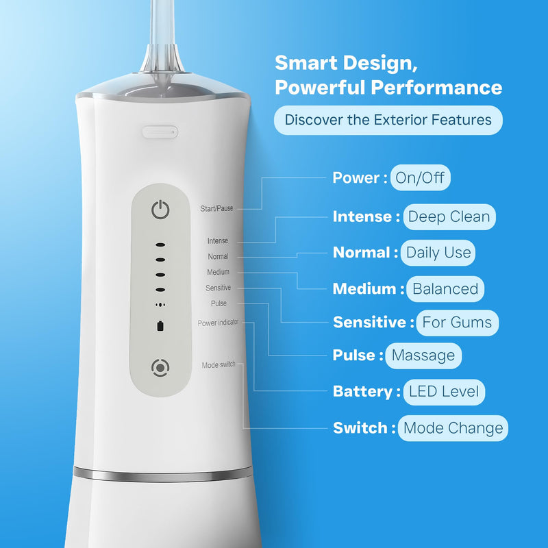 Water Flosser Cordless Oral Irrigator 300ML Detachable Water Tank Rechargeable Electric Dental Flosser 5 Modes Waterproof Teeth Cleaner Teeth Pick Portable for Braces & Sensitive Gums Travel – White