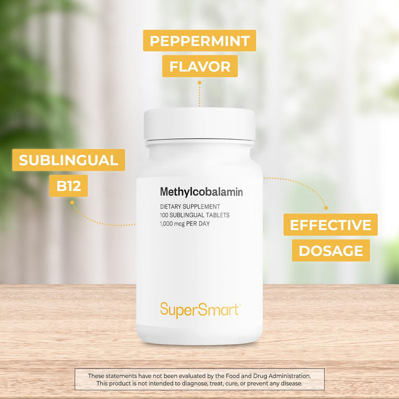 Supersmart - Methylcobalamine B12 1000mcg / 1mg per Day (Effective Dosage) - Sublingual Methylcobalamine - Peppermint Flavor - Vitamin B12 Supplement | Non-GMO & Gluten Free - 100 Sublingual Tablets
