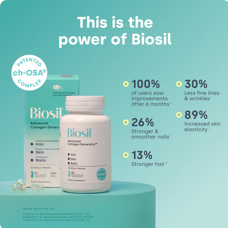 Biosil Collagen Booster Supplement - 60 Vegan Capsules - Patented ch-OSA Activator for Skin, Hair, Nails & Joints - Supports Natural Production - 30-Day Supply 60 Liquid Capsules (Pack of 1)