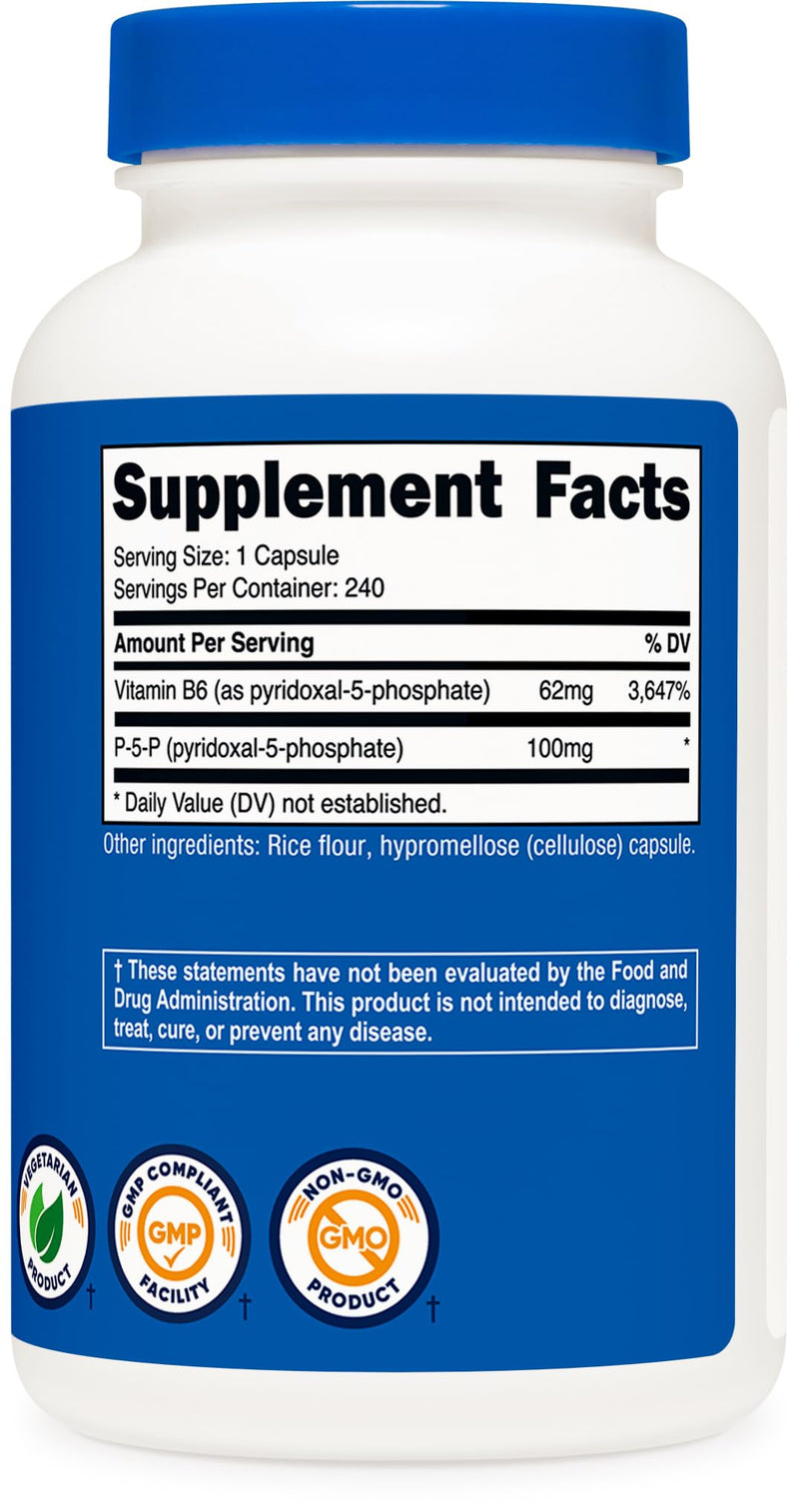 Nutricost P5P Vitamin B6 Supplement 100mg, 240 Capsules, Gluten-Free | Pyridoxal-5-Phosphate, Vegetarian Friendly, GMO-Free 240 Count (Pack of 1)