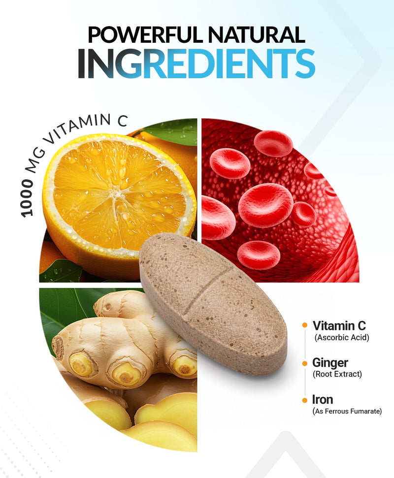 Immune Support Supplement for Men and Women - 150 Tablets | 1000 mg Vitamin C with Iron (Ferrous Fumarate) and Ginger Root, Vegan Non-GMO Daily Dietary Supplement