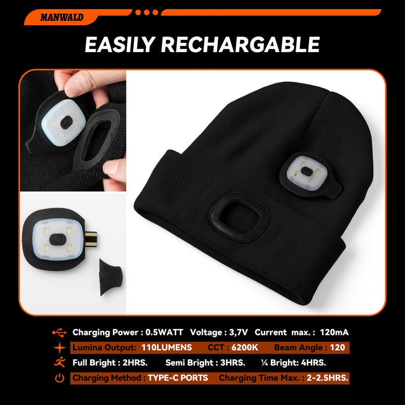 LED Beanie Hat with Light, USB Rechargeable LED Headlamp, Gifts for Men, Fathers Day Dad Gifts from Daughter Wife Son, Birthday Gifts for Him Men Husband, Boyfriends, Black, 2PCS 2 Pack