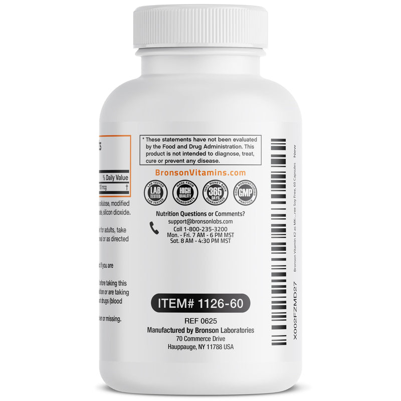 Bronson Vitamin K2 as MK-7 Menaquinone 100 mcg Non-GMO, 60 Capsules Unflavored 60 Count (Pack of 1)