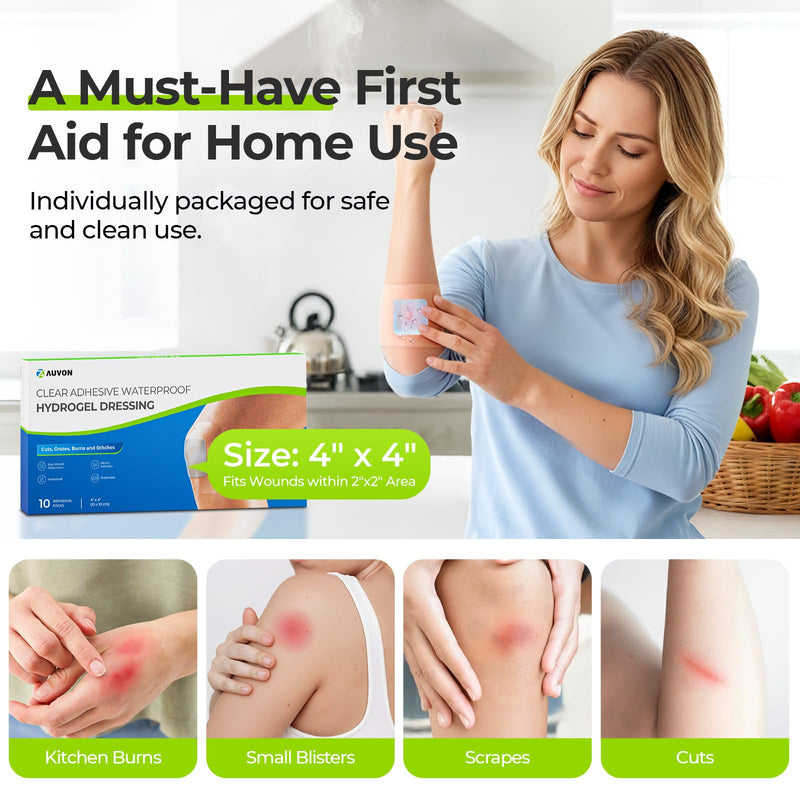 AUVON Hydrogel Burn Dressings 4" x 4" for Instant Cooling Relief & Moist Healing, Adhesive Burn Pads for 1st-2nd Degree Burns, Cuts, Abrasions, Waterproof Wound Dressing for Home First Aid Kit, 10 Pcs 4x4 Inch (10 Pcs)