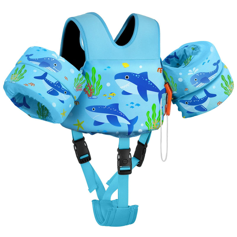 MoKo Toddler Swim Vest for 15-30-50-66 pounds, Boys Girls Swim Puddle Arm Floaties Cartoon Swimming Water Wings with Crotch Strap, Pool Floats Jacket Sleeves Shoulder Straps Arm Band for Toddler for kids 15-30 lbs Blue Twin Sharks - BeesActive Australia