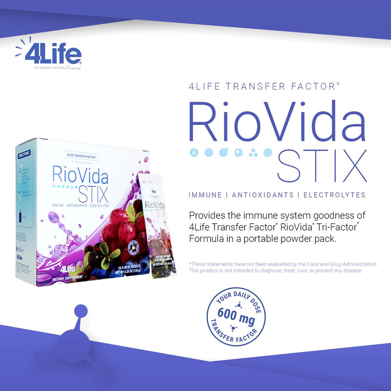 4Life RioVida Stix Superfruit Immune Support Drink Mix, 15 Packets | Acai, Blueberry, Elderberry, Grape, Pomegranate, Electrolytes, Superfruit powder, Single Serve, Hydration sticks