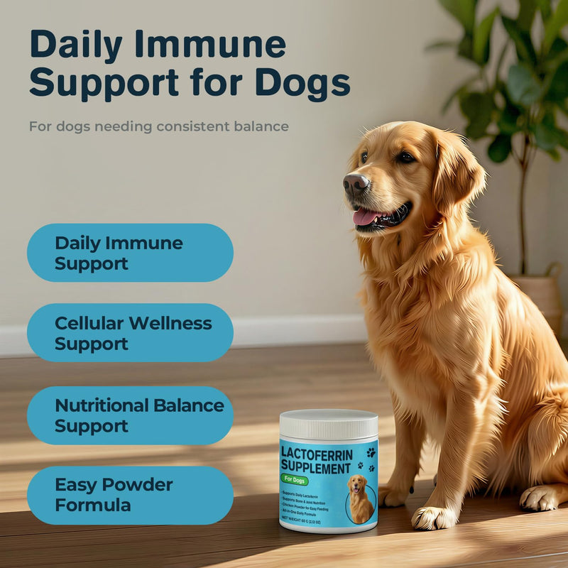 Lactoferrin Supplements for Dogs Powder, Daily Immune Nutrition with CoQ10 & Beta-Glucan, Essential Vitamins & Minerals for Whole-Body Wellness, Chicken Flavor, Easy-Mix Supplement, 2.12 oz