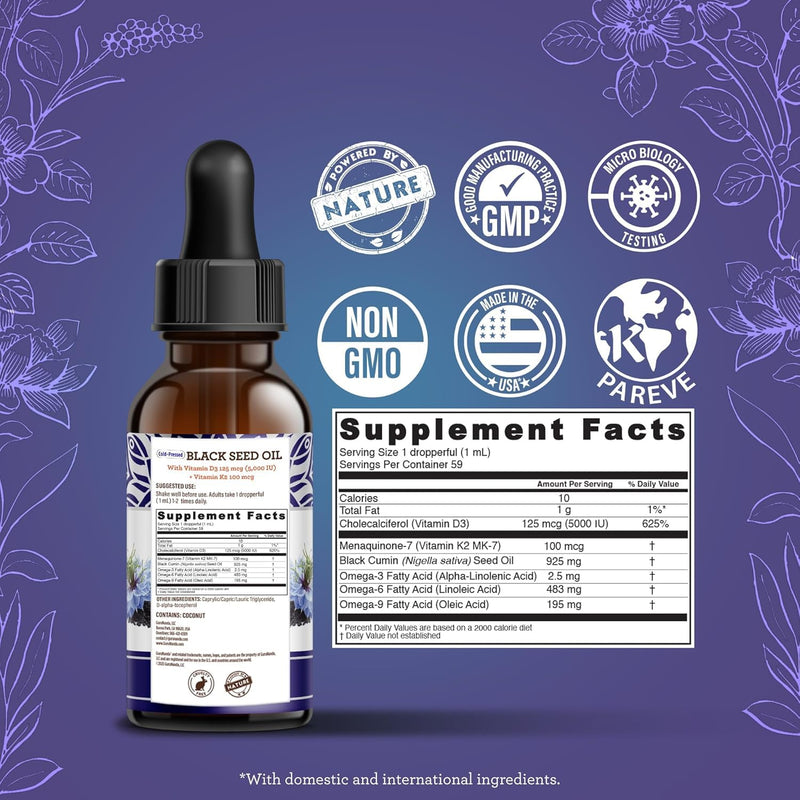 GuruNanda Black Seed Oil, Cold-Pressed Nigella Sativa - Rich in Vitamin D3 5000 Units, K2 & E, High Thymoquinone | Potent Antioxidant for Immune Support, Non-GMO, 2 Fl.oz,(Pack of 2) 2 Fl Oz (Pack of 2)