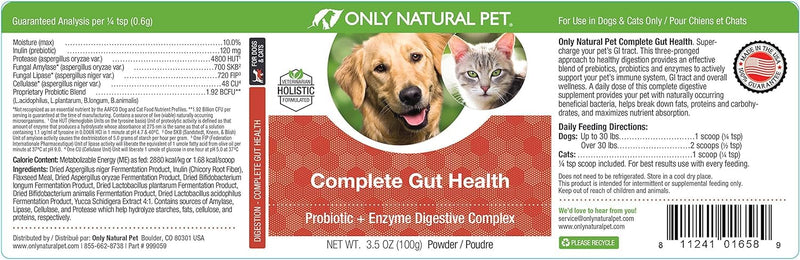 Only Natural Pet Complete Gut Health Complex - Probiotics & Digestive Enzyme Supplement for Dogs & Cats - Promotes Healthy Digestion, Immune System, Nutrient Absorption -3.5oz Powder (Pack of 2) 3.5 oz (Pack of 2) - PawsPlanet Australia