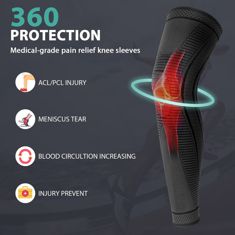 2 Pack Full Leg Compression Sleeves, Long Knee Brace Support for ACL,PCL, Meniscus Tear, Arthritis, Tendinitis,Men And Women (Black, X-Large) Black