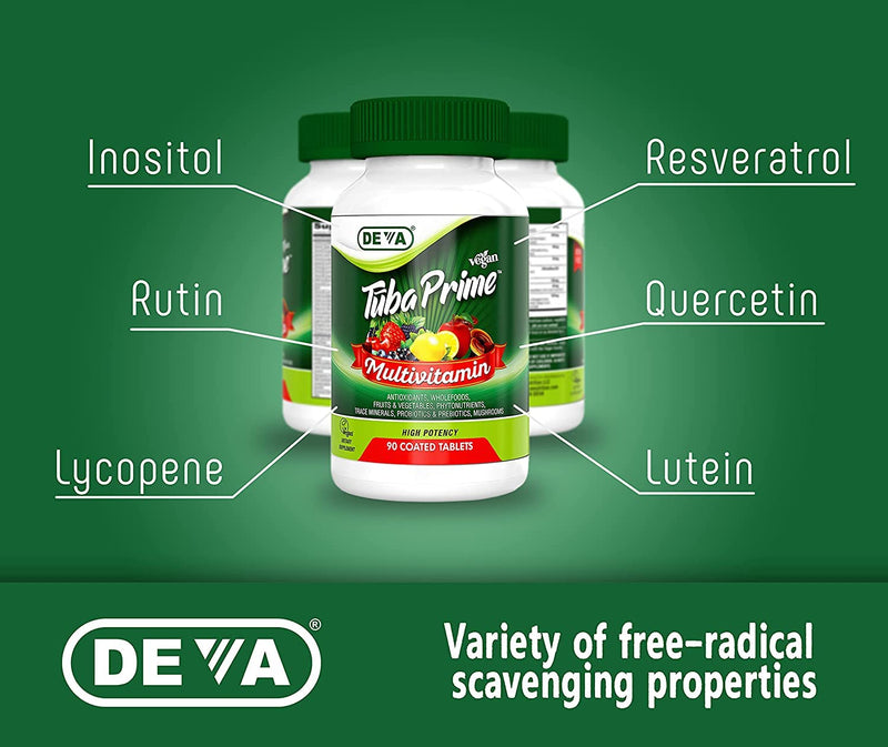 DEVA Tuba Prime Vegan Multivitamin Iron-Free High-Potency Vitamin & Mineral Dietary Supplement Antioxidants, Fruit & Veg Blend, Super Mushrooms, Probiotics, Prebiotics, Seeds, Herbs 90 Tabs 2-Pack (Pack of 2)