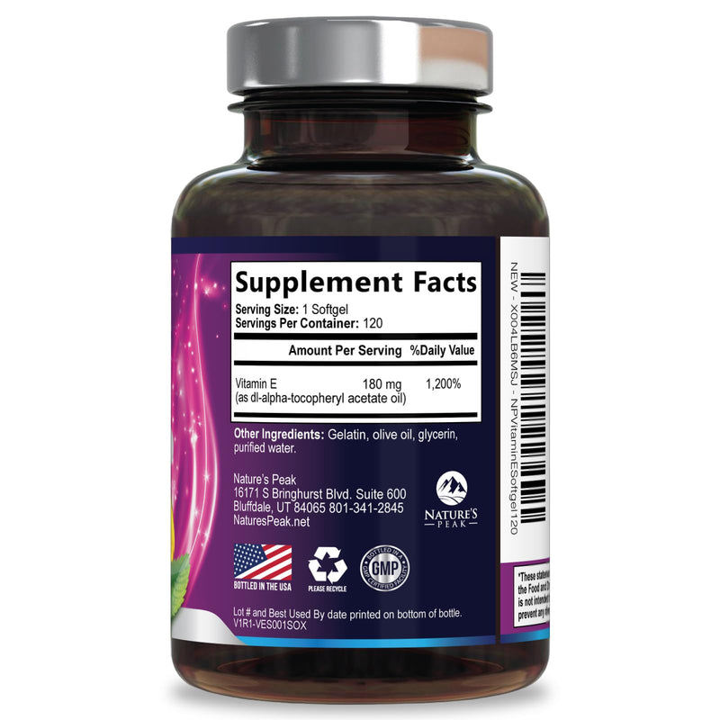 Vitamin E 180 mg Per Serving Softgels - E Vitamin DL-Alpha, Antioxidant-Rich Dietary Supplement for Skin, Heart, and Immune Support, Bottled USA, Easily Absorbed, Non-GMO & Gluten Free - 120 Softgels 120 Count (Pack of 1)