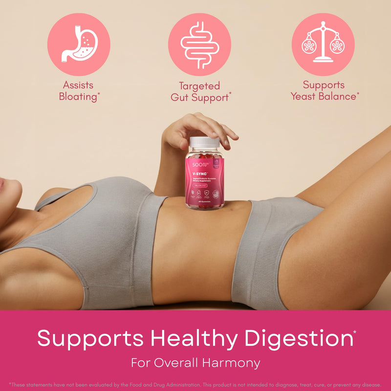 SOON+ Feminine Balance Gummies for Women, V-Sync Pineapple Probiotics | For pH Balance Support, Vaginal, Urinary, Immune, Digestive Wellness with Bacillus Coagulans, Cranberry, VitaminC, 60 Gummies