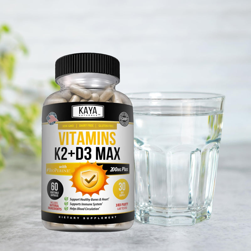 Kaya Naturals Vitamins K2 with D3 5000IU Supplement for Men and Women - Easy to Swallow - Bioperine Capsules (60 Count (Pack of 1) 60 Count (Pack of 1)