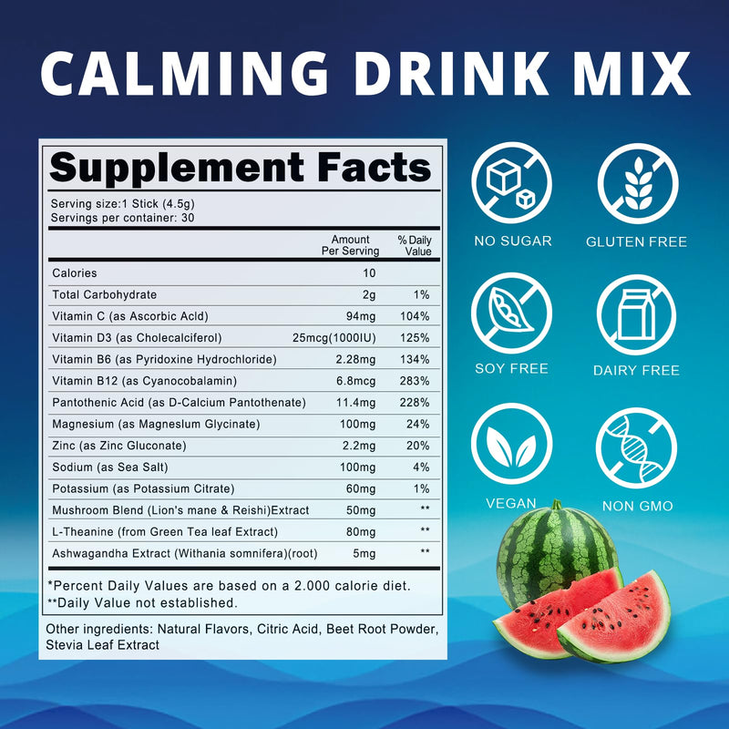 Cortisol Calming Drink Mix for Sleep & Stress Relief, Watermelon, 30ct | Calm Magnesium Powder, Adaptogenic Powdered Drink Mix with Magnesium Glycinate, L-Theanine, Ashwagandha, Mushroom & Vitamin