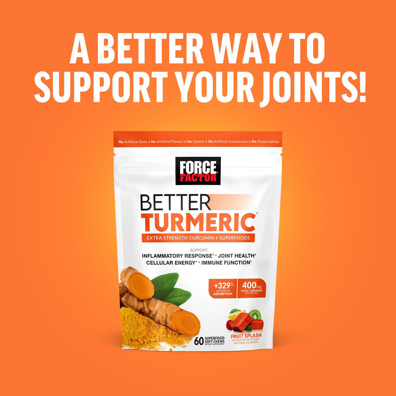 Force Factor Better Turmeric Joint Support Supplement for Extra Strength Joint Health, Featuring HydroCurc Turmeric Curcumin with Black Pepper for Superior Absorption, Fruit Splash, 60 Soft Chews 60 Count (Pack of 1) - BeesActive Australia