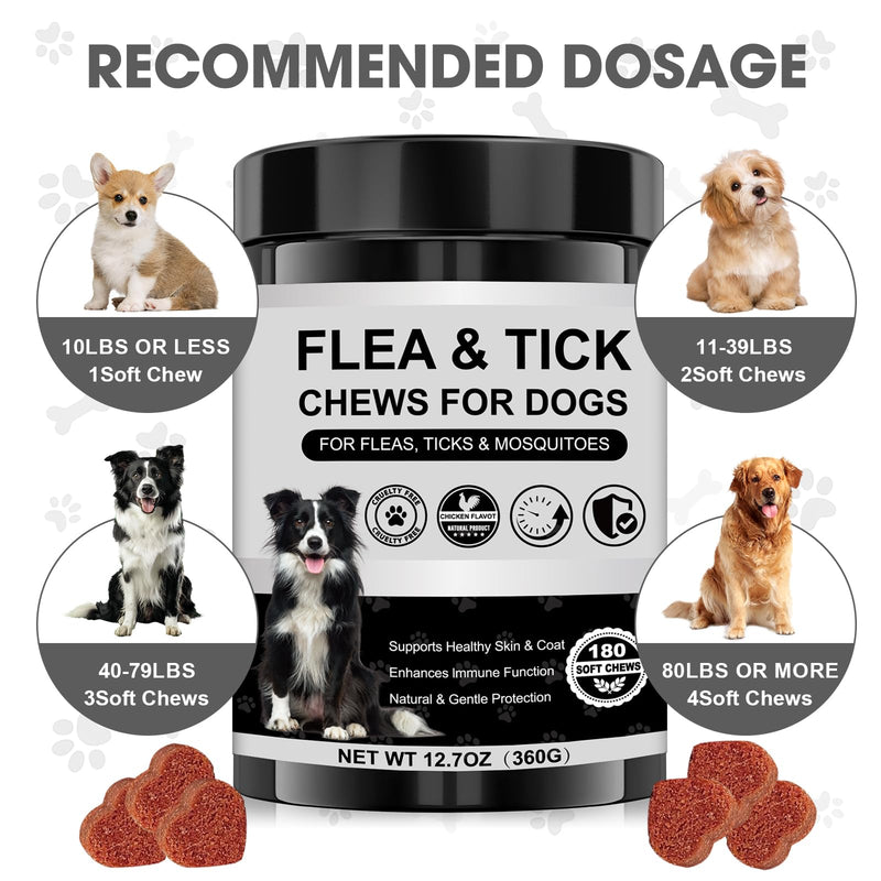 Dog Flea and Tick Chewable Supplement – Natural Support for Skin & Coat Health, Seasonal Comfort & Itch Relief – 180 Soft Chews with Chicken Flavor for Dogs & Puppies (180pcs) 180pcs