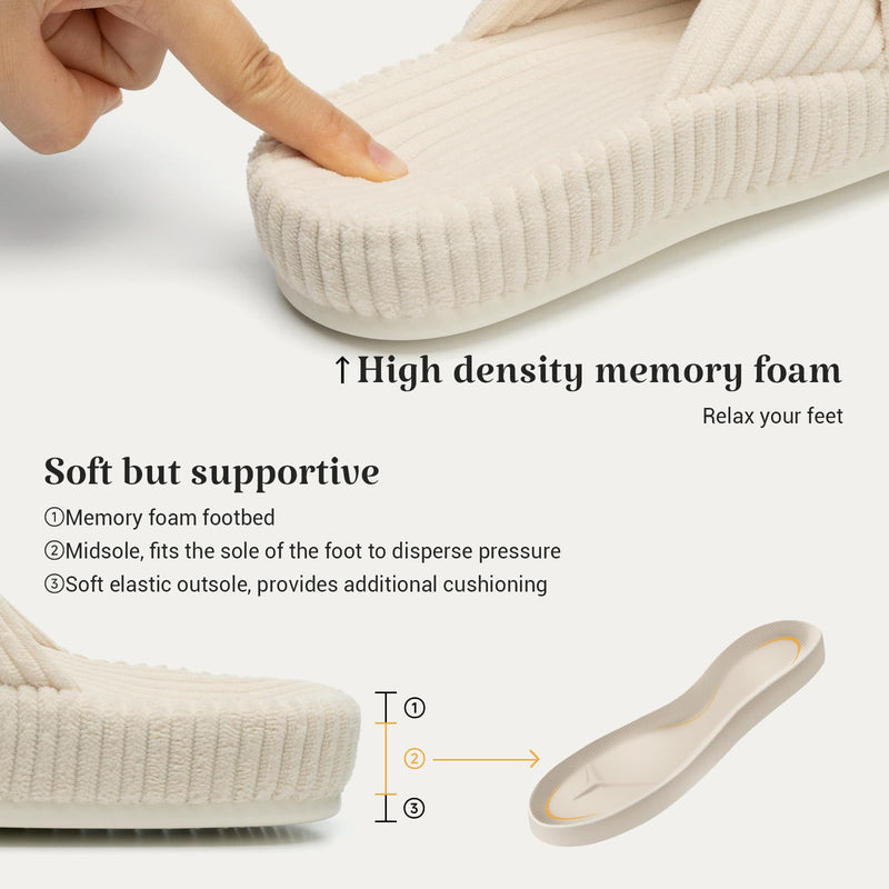 Chantomoo Orthopedic Arch Support Slippers for Women Memory Foam House Corduroy Bow Crossbands Slipper Comfy Gift Slippers 9-10 Beige