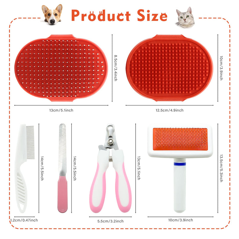 Cat Grooming Kit Set with Pet Shedding Slicker Brush Nail Clipper Trimmer Pet Massage Bath Glove Flea Comb for Bunny Puppy Kitten Guinea Pig Chinchilla Ferret Small Animals (Red, Pink) Red, Pink - BeesActive Australia
