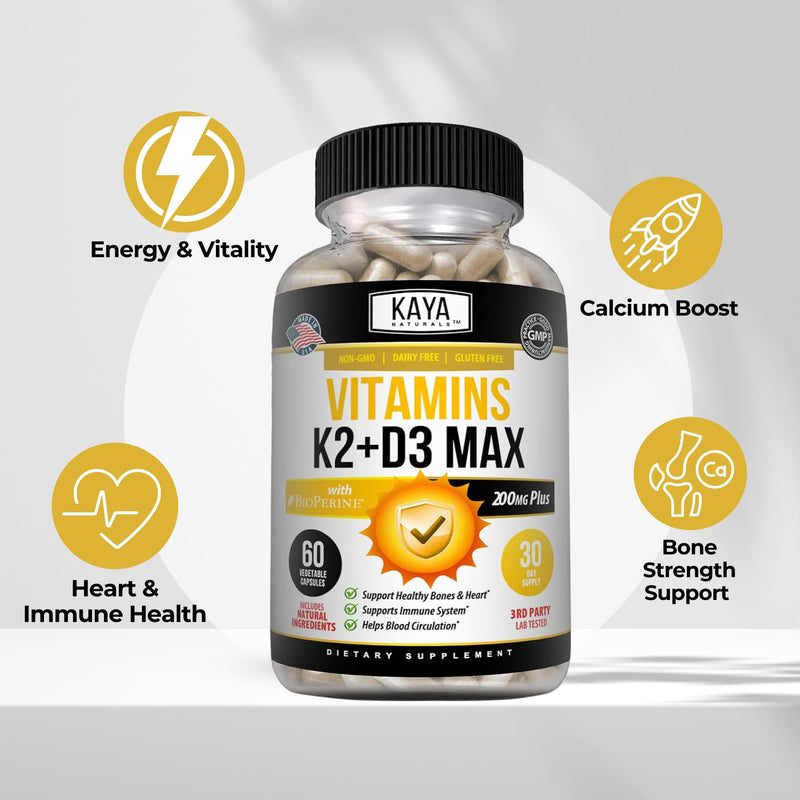 Kaya Naturals Vitamins K2 with D3 5000IU Supplement for Men and Women - Easy to Swallow - Bioperine Capsules (60 Count (Pack of 1) 60 Count (Pack of 1)